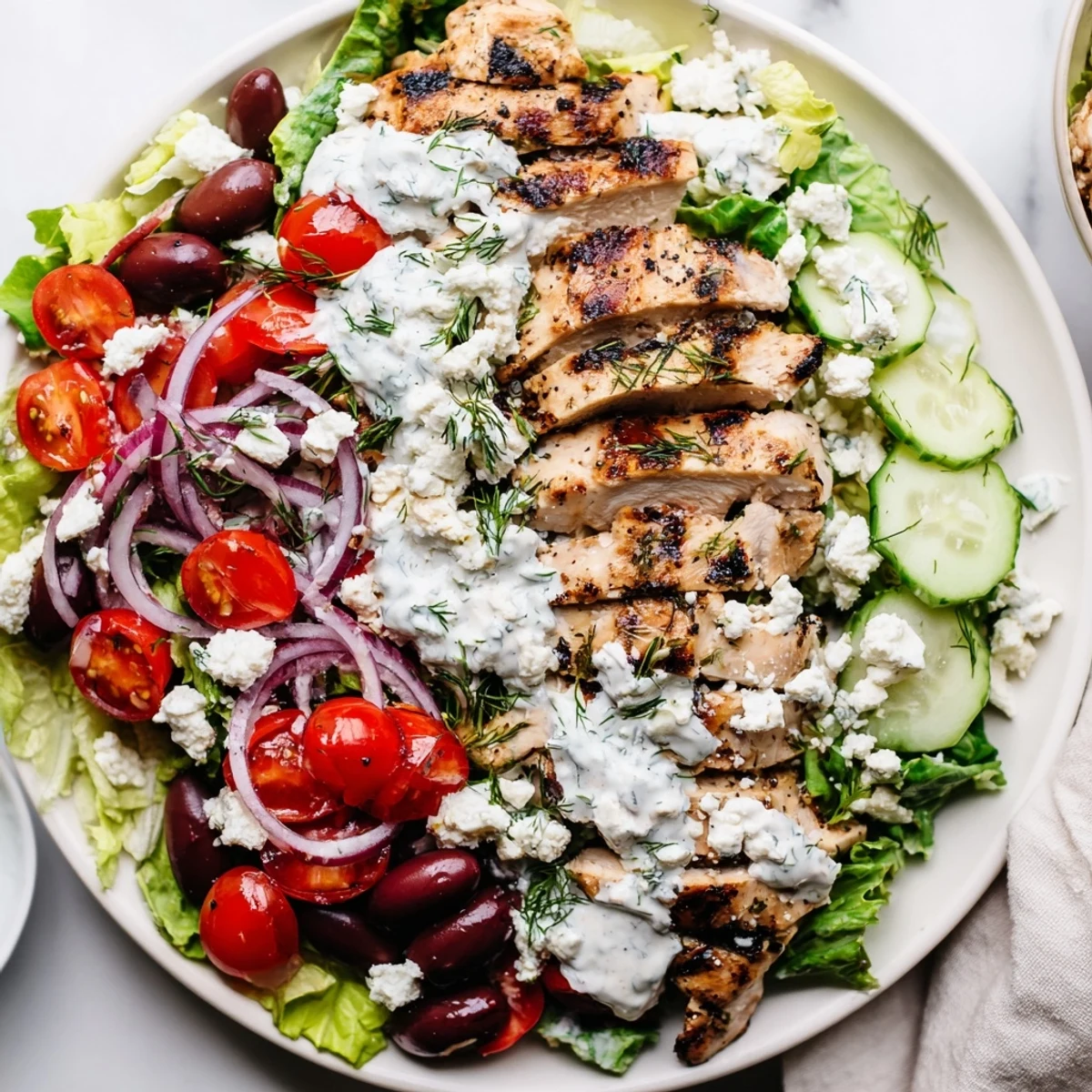 Juicy grilled chicken nestled atop fresh Mediterranean vegetables with tangy whipped feta dressing