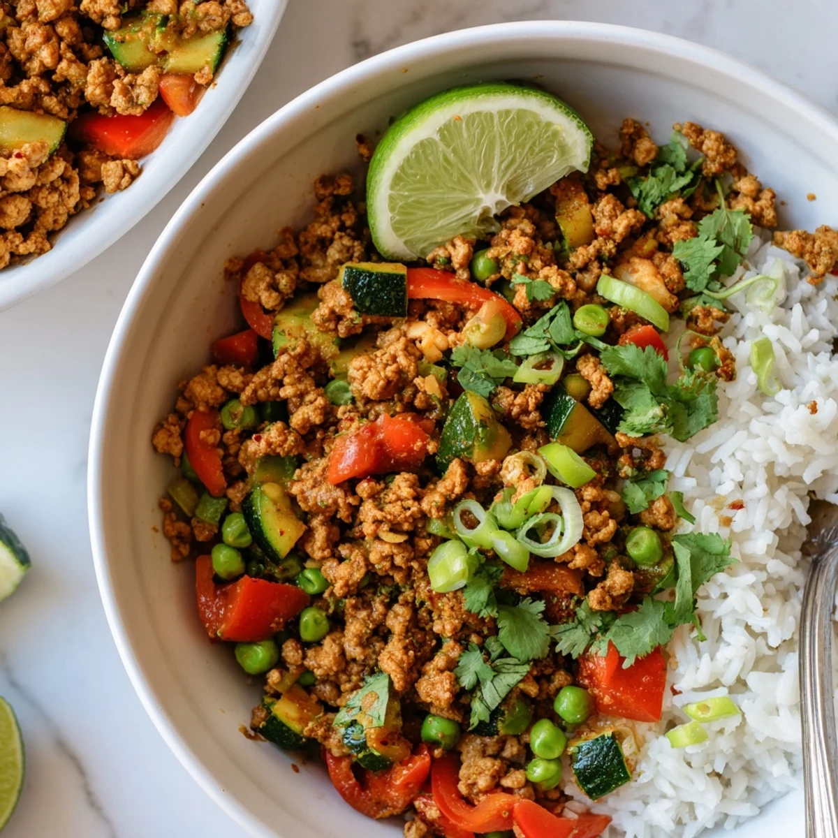 A steaming Spiced Turkey Rice Bowl topped with colorful bell peppers and fresh cilantro