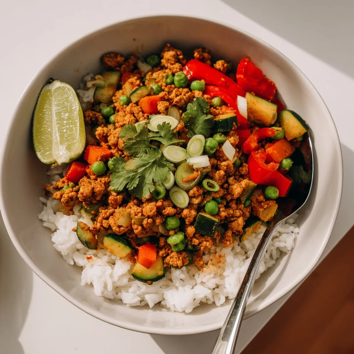 Spiced Turkey Rice Bowls featuring golden browned ground turkey over fluffy white rice