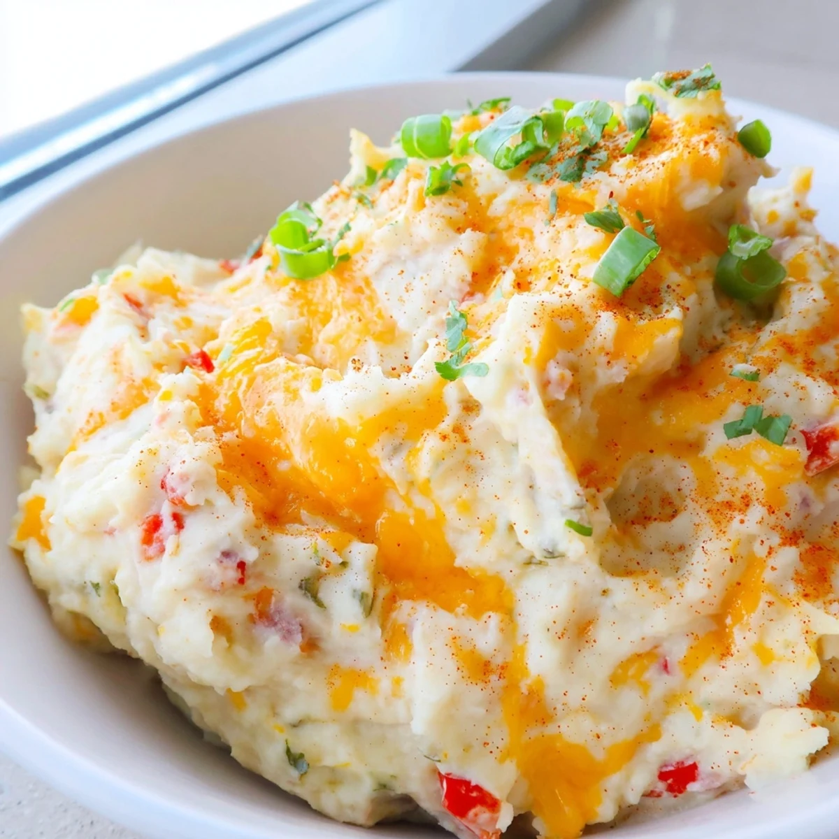 Creamy Tex Mex Mashed Potatoes topped with fresh cilantro and melted cheddar cheese