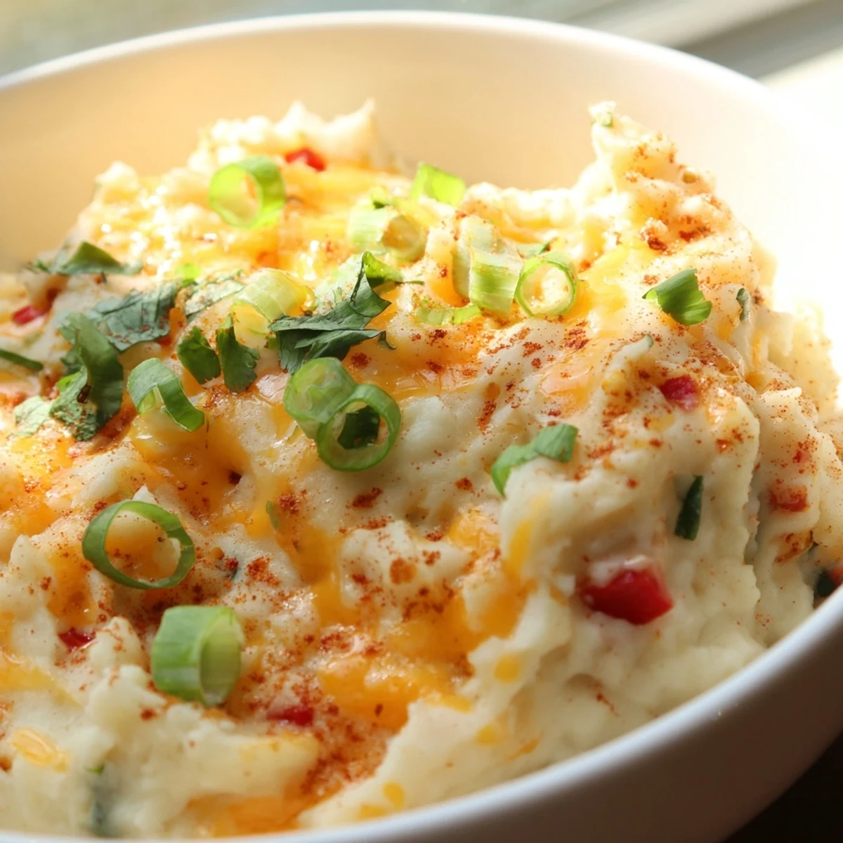 Spicy Tex Mex Mashed Potatoes served in a rustic bowl with jalapeño garnish