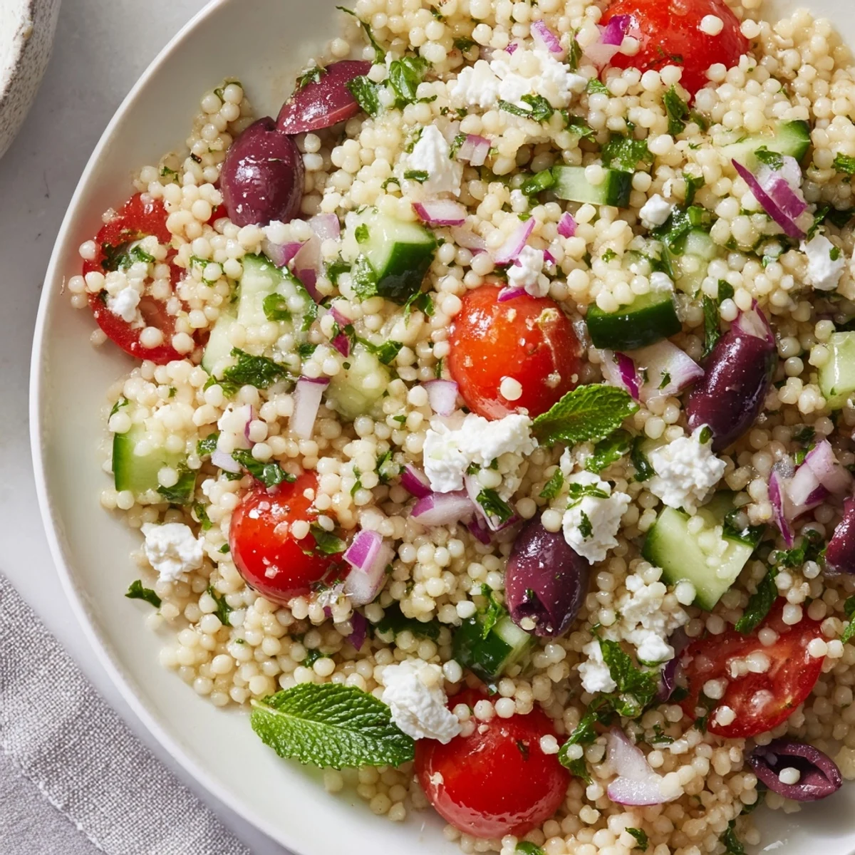 Fluffy couscous tossed with juicy tomatoes, cucumber, and tangy hot honey lemon vinaigrette drizzled on top