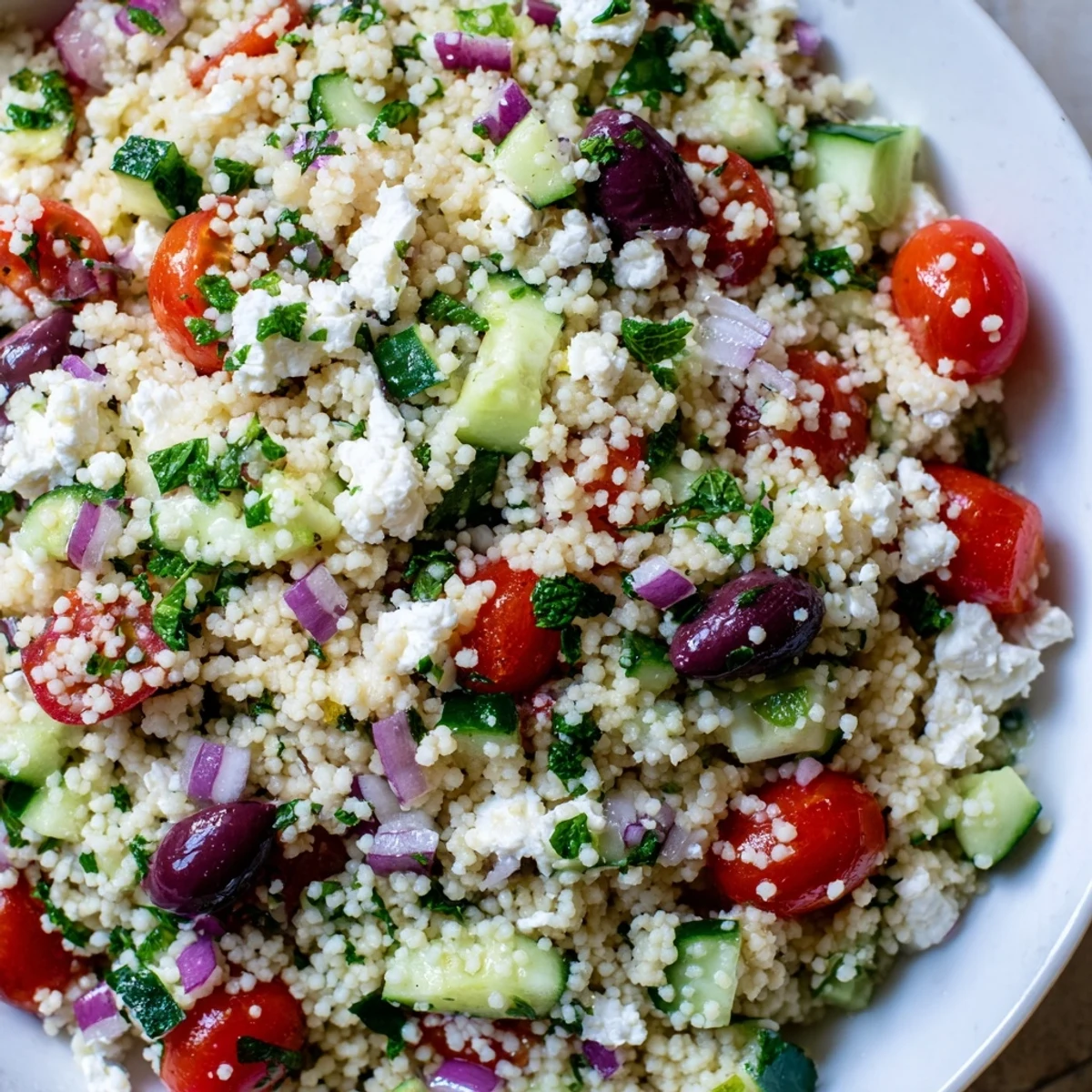 Bright Mediterranean Couscous Salad with colorful diced vegetables, briny olives, and crumbled feta in a rustic wooden bowl
