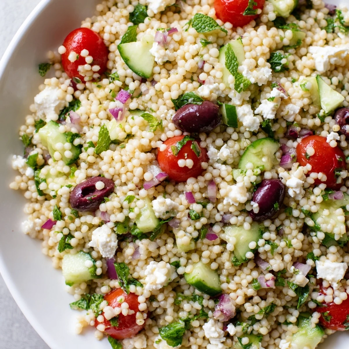 Mediterranean Couscous Salad served fresh on a sunny patio alongside crisp white wine and grilled pita bread