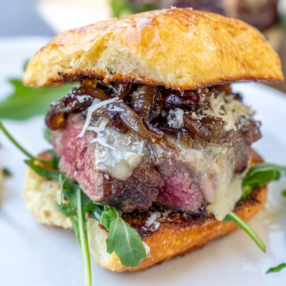 Tender filet mignon sliders nestled in warm garlic parmesan rolls topped with caramelized onions