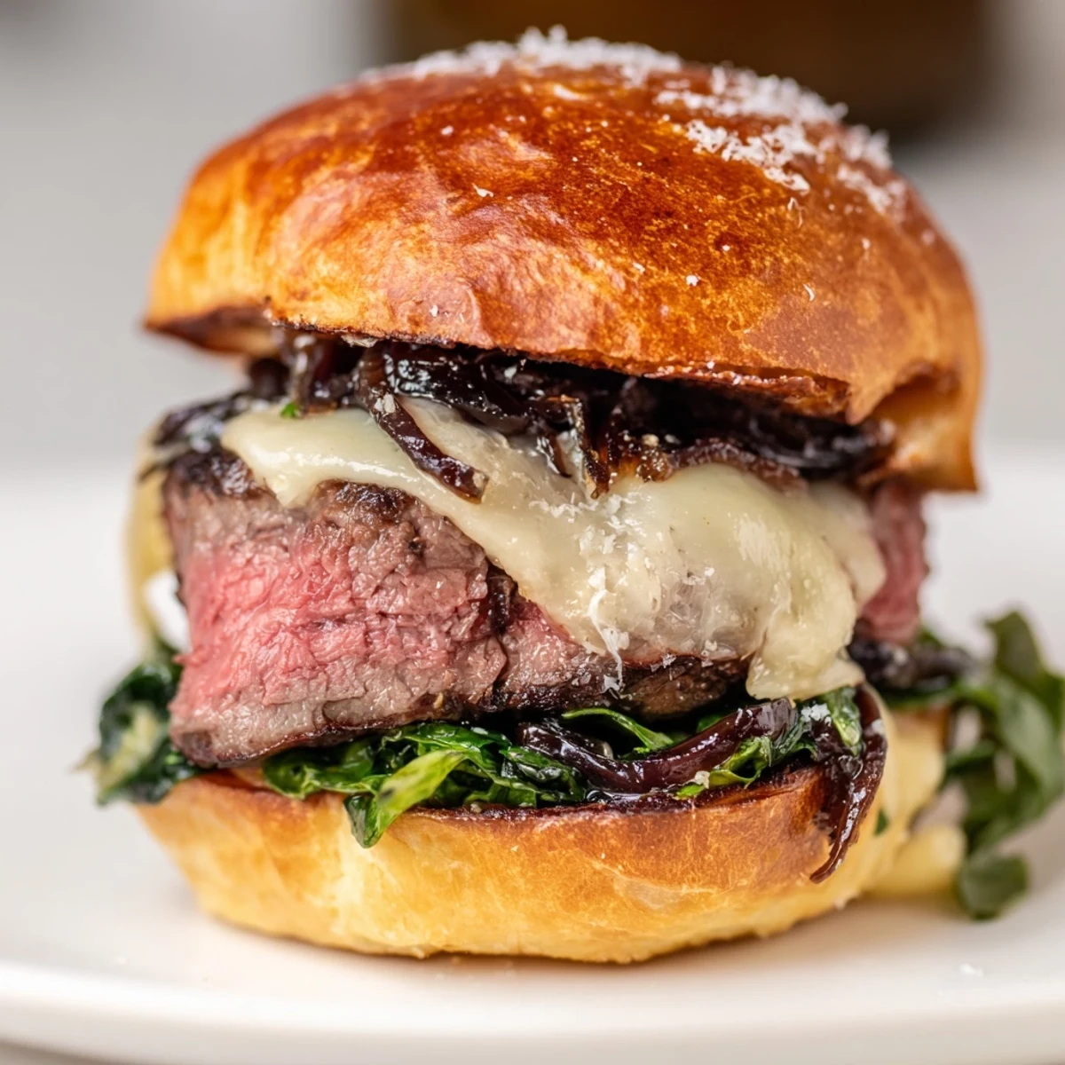 Juicy filet mignon sliders on golden garlic parmesan rolls with melted cheese and fresh arugula