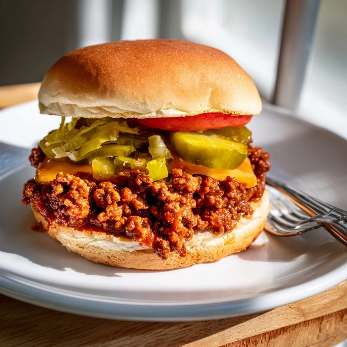 Smash burger sloppy joes topped with pickles and lettuce on a buttery bun
