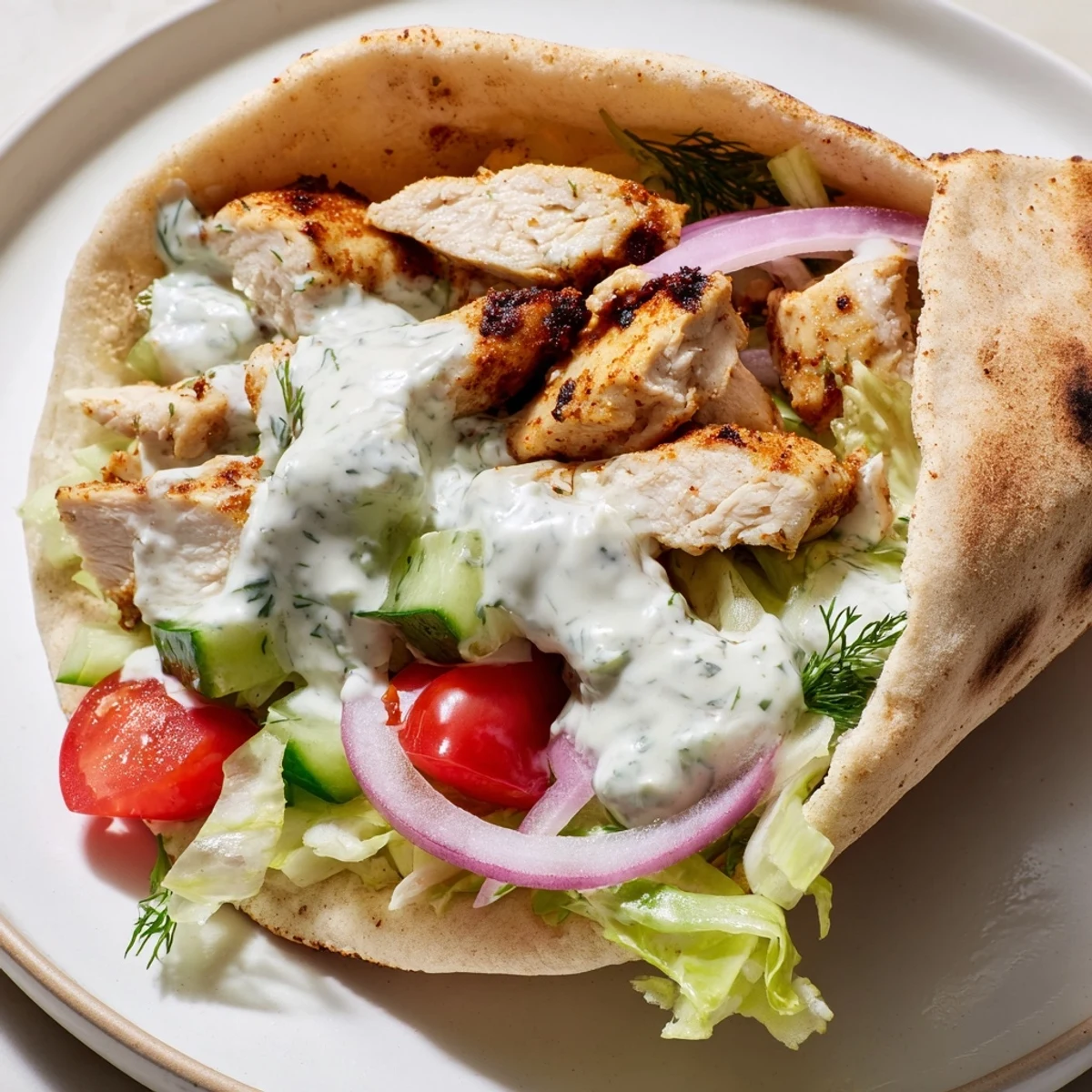 Warm flavor packed chicken pitas with spiced meat, crisp veggies, and creamy yogurt sauce