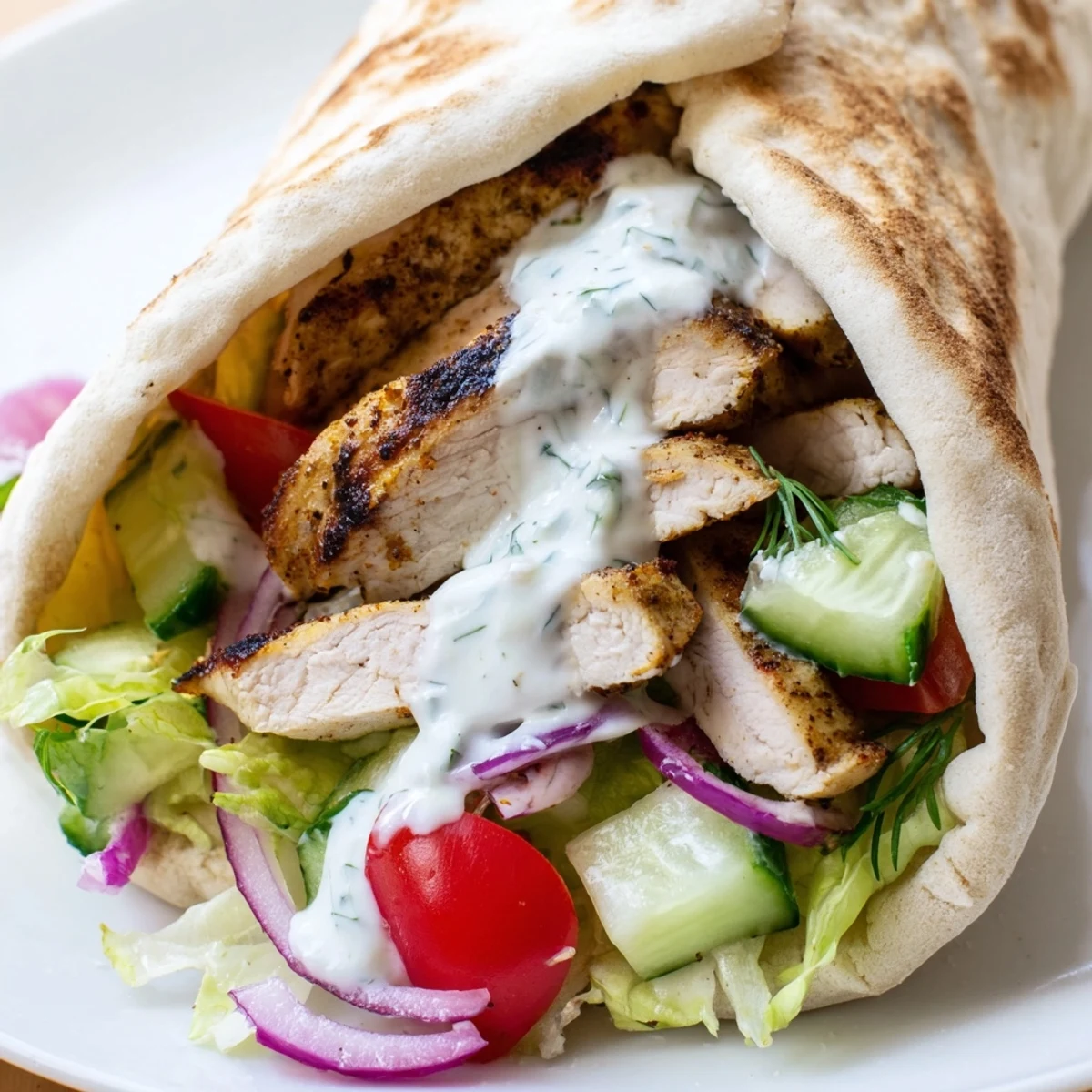 Juicy Mediterranean seasoned chicken tucked inside soft pita bread with fresh cucumber and tomato