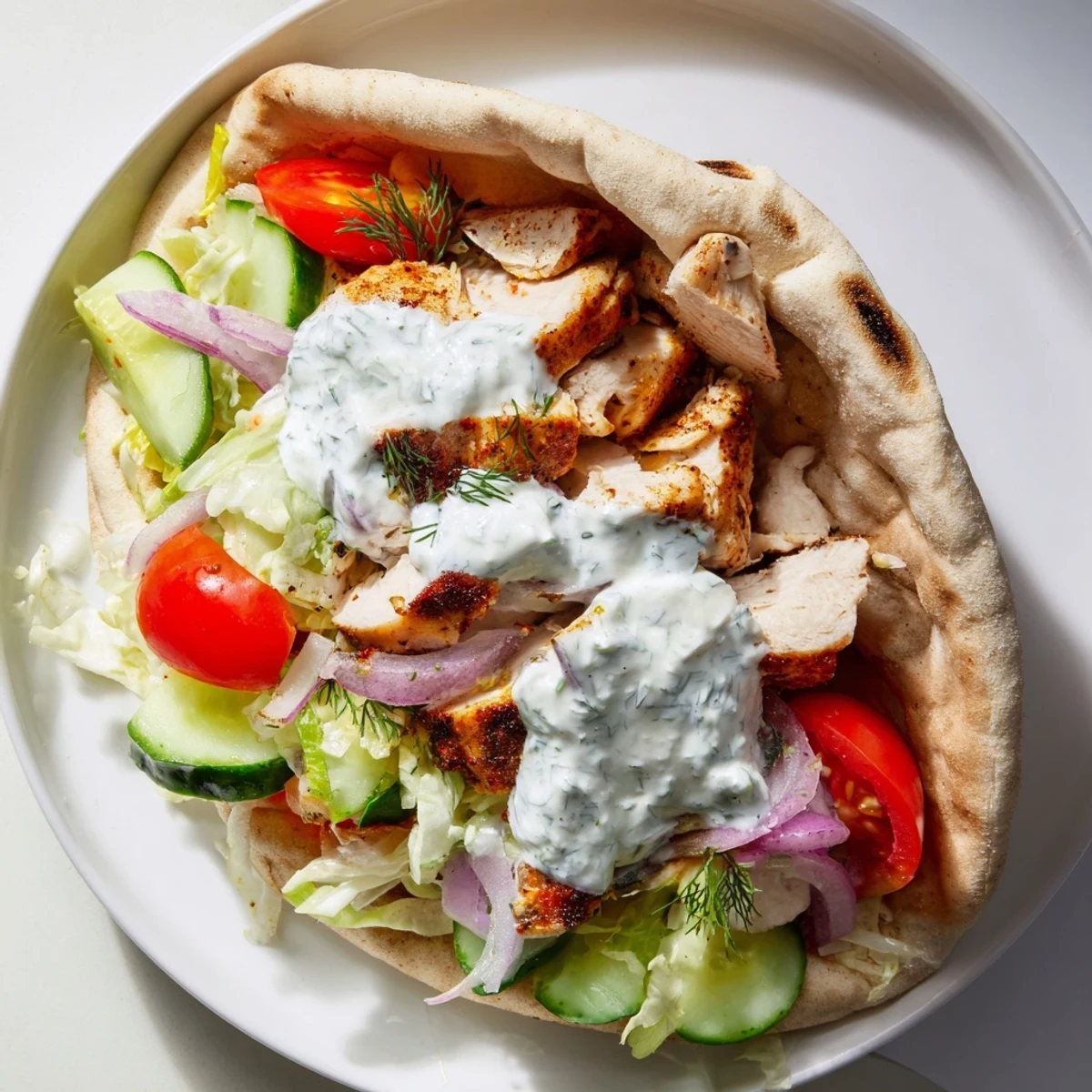 Flavor packed chicken pitas drizzled with tangy dill yogurt sauce and garnished with lemon wedges