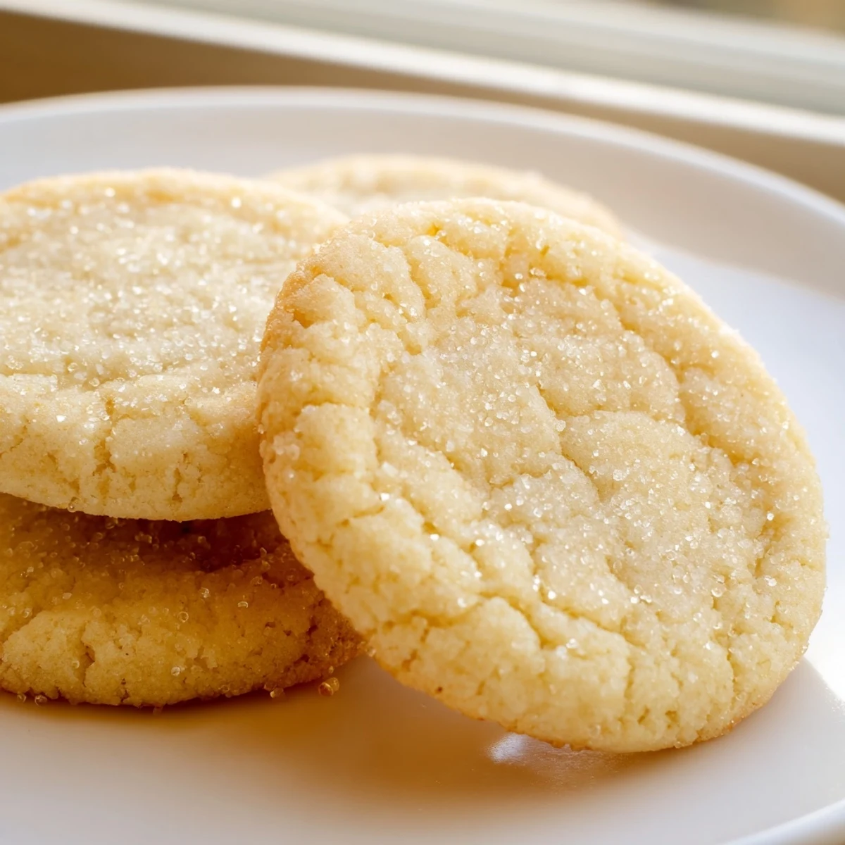 Warm buttery sugar cookies stacked on a rustic plate, dusted with sparkling granulated sugar