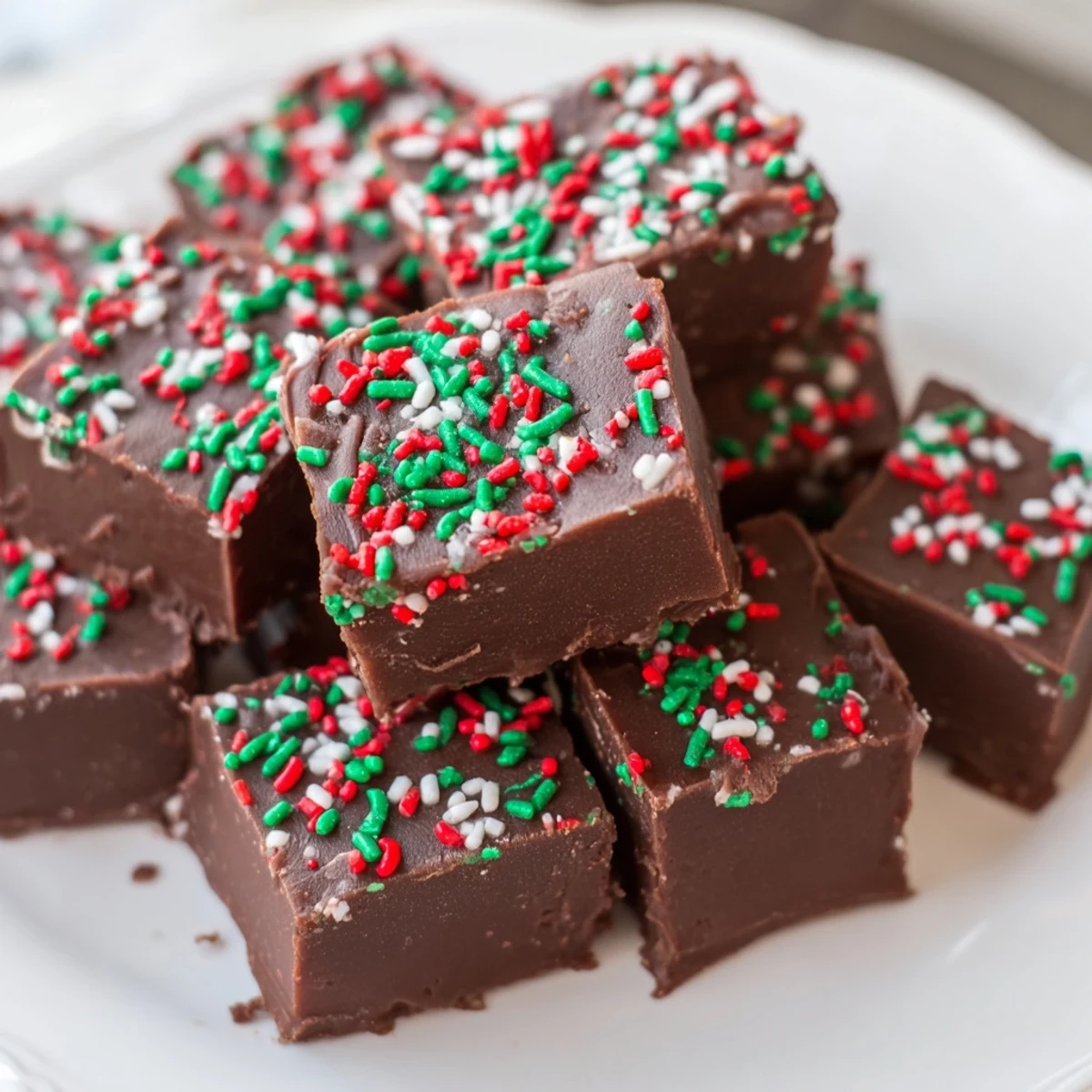 Creamy Christmas fudge with sprinkles cut into neat squares on a parchment-lined board