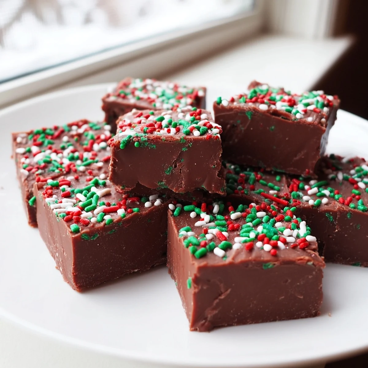 Thick slices of homemade Christmas fudge with sprinkles arranged on a festive platter