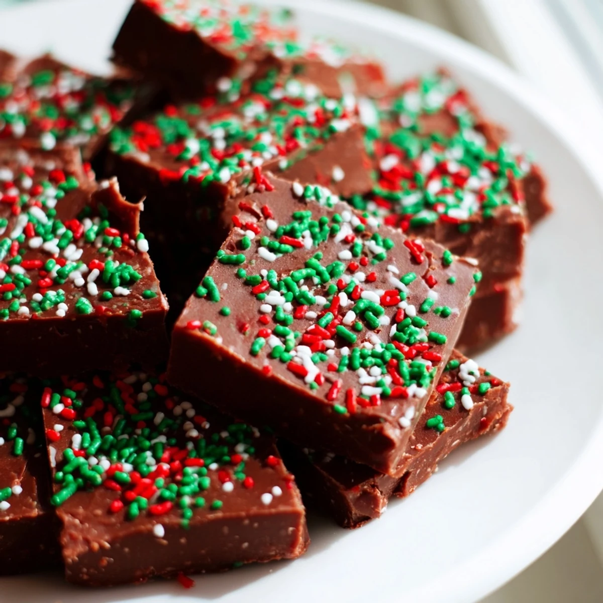 Rich chocolate Christmas fudge with sprinkles glistening under soft holiday kitchen lighting