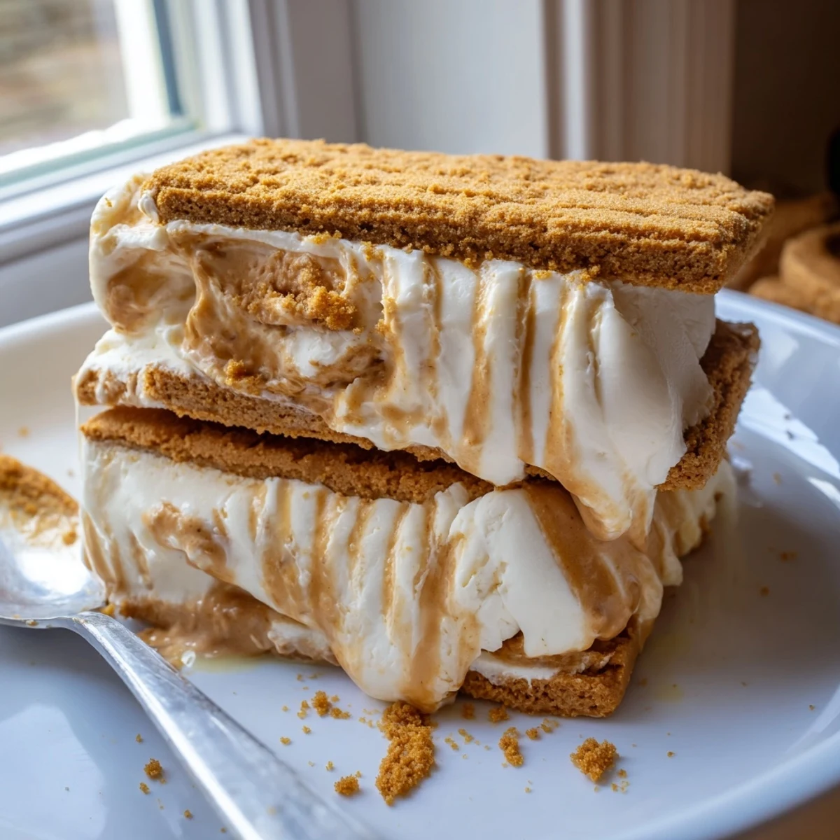 Creamy Biscoff ice cream sandwiches with spiced cookie crumbs on a rustic baking sheet