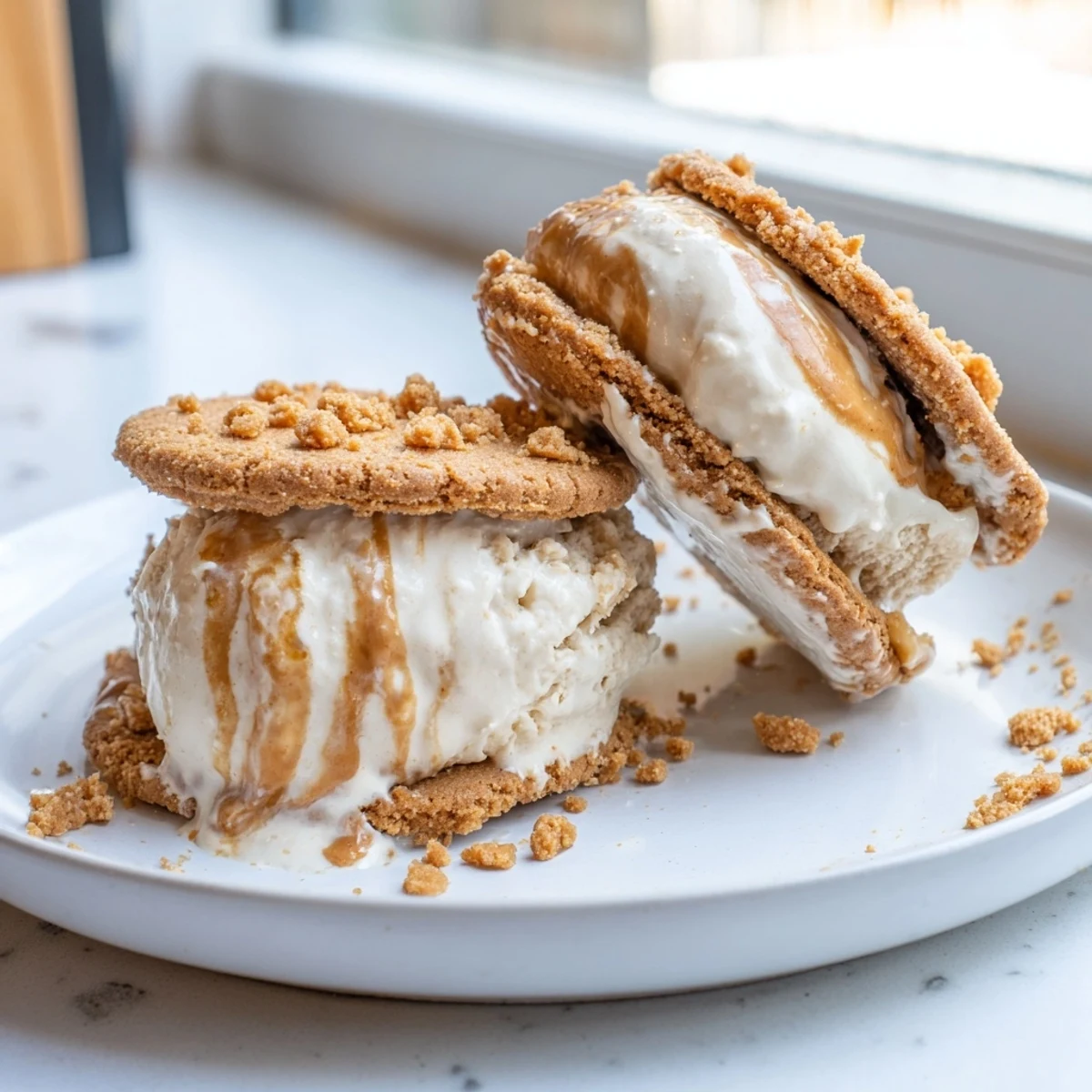 Golden Biscoff cookies sandwiching smooth caramel-swirled ice cream dusted with crushed cookie bits