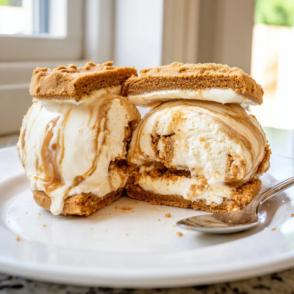 Homemade Biscoff ice cream sandwiches cut open revealing spiced cookie layers and creamy filling