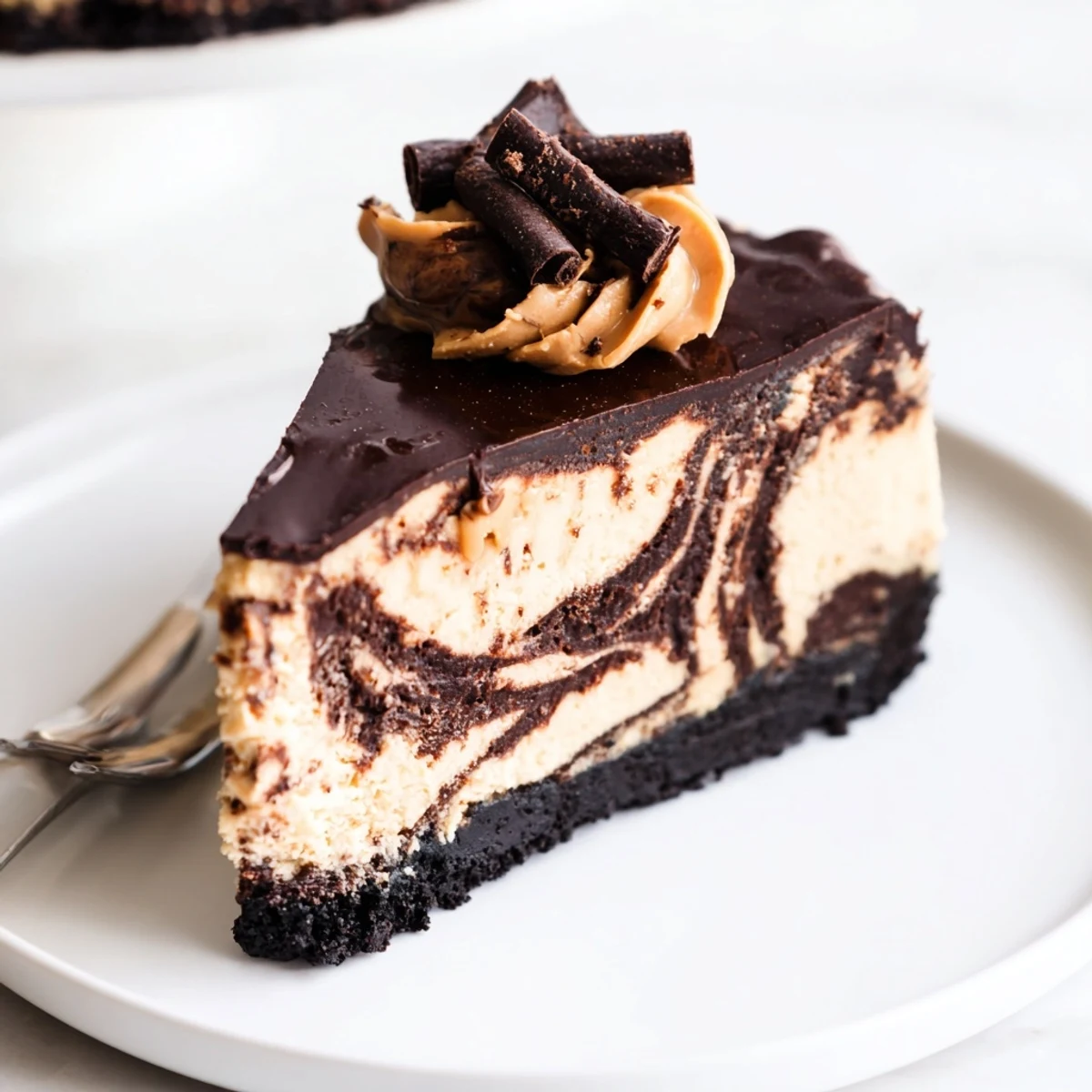 Creamy chocolate peanut butter cheesecake sliced to reveal a rich swirled filling