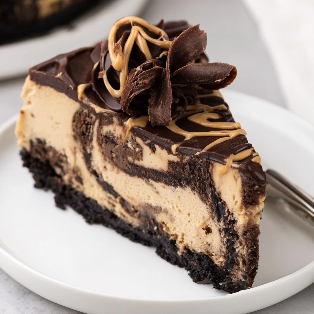 Rich chocolate peanut butter cheesecake topped with glossy ganache on a cookie crust