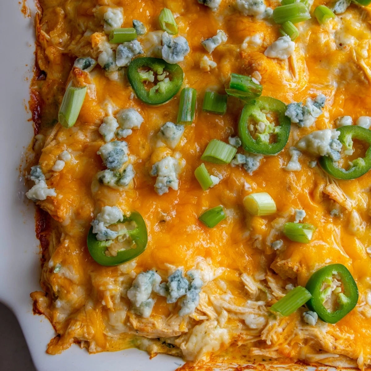 Golden bubbling Jalapeno Buffalo Chicken Casserole fresh from the oven with melted cheese