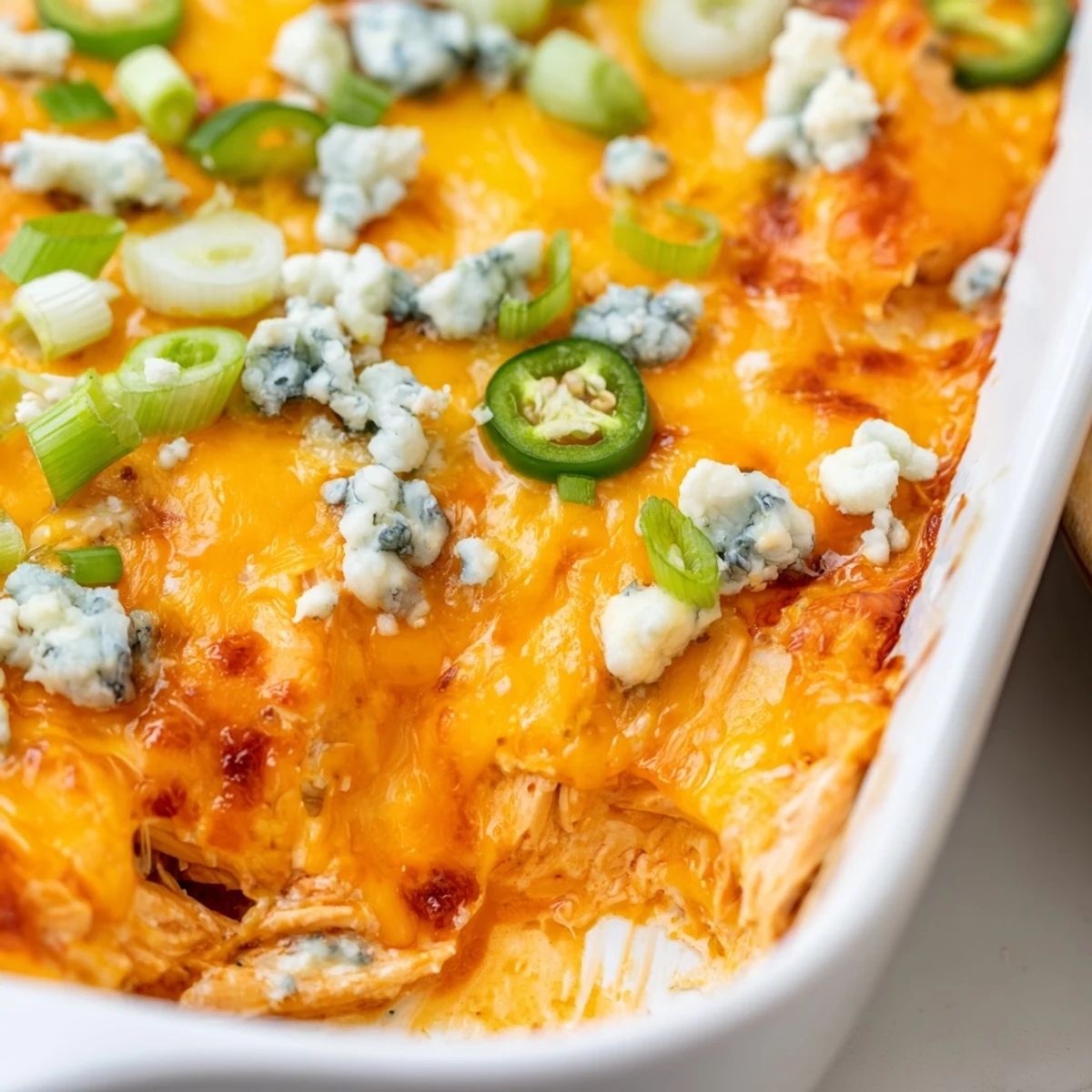 Creamy Jalapeno Buffalo Chicken Casserole topped with blue cheese crumbles and green onions