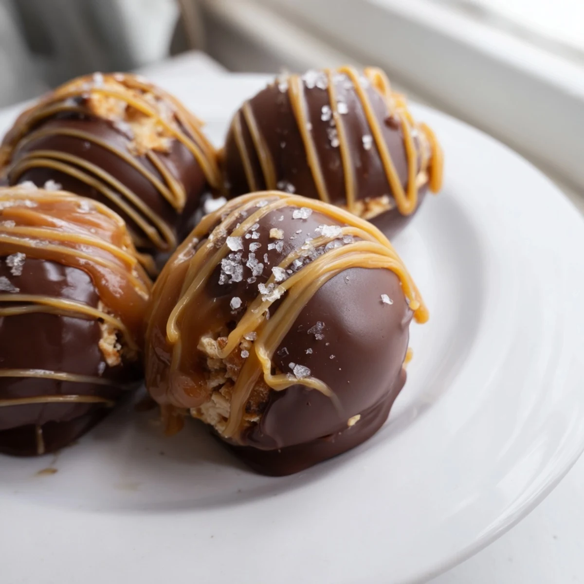 Golden chocolate-dipped salted caramel pretzel cheesecake balls drizzled with sticky caramel on parchment paper