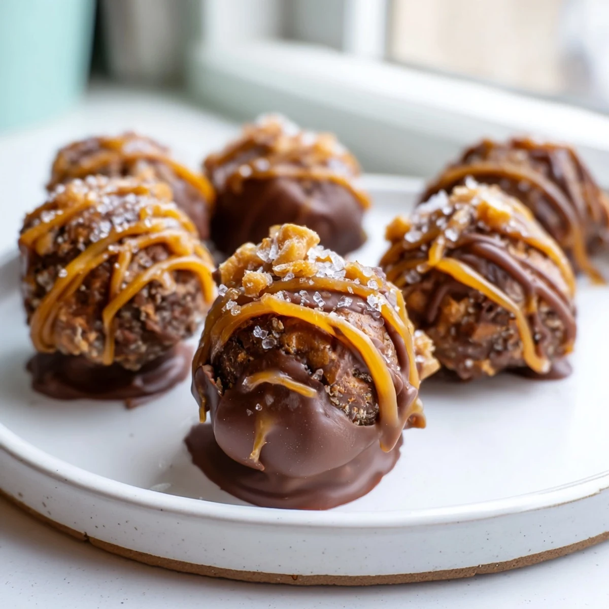 Creamy salted caramel pretzel cheesecake balls coated in glossy chocolate and sprinkled with sea salt