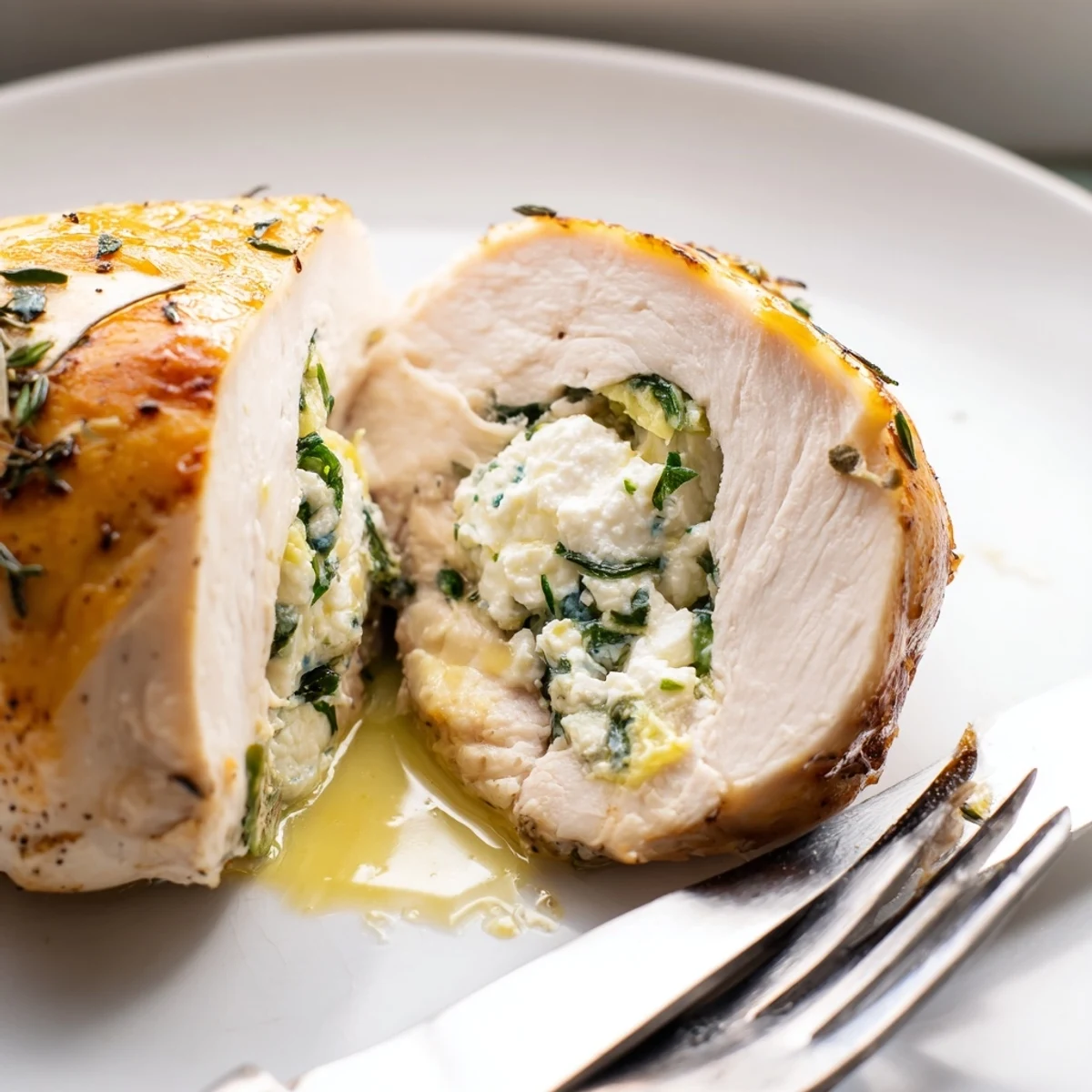 Golden goat cheese chicken stuffed with herbs, sliced open on a rustic plate