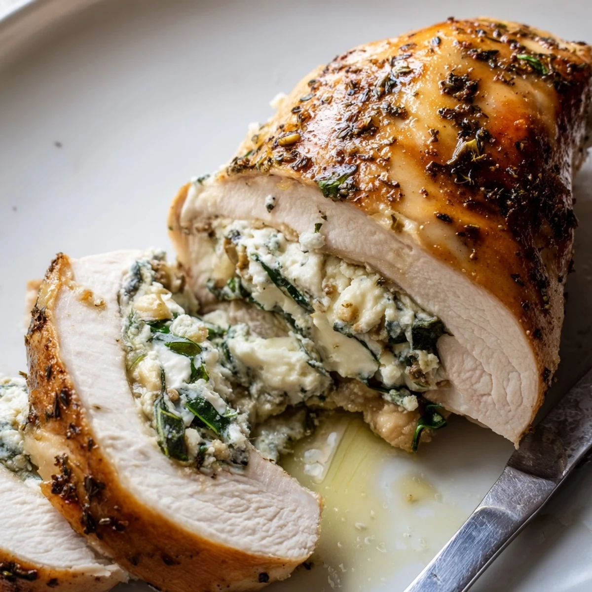 Creamy goat cheese chicken breast baked until golden and oozing with herbed filling