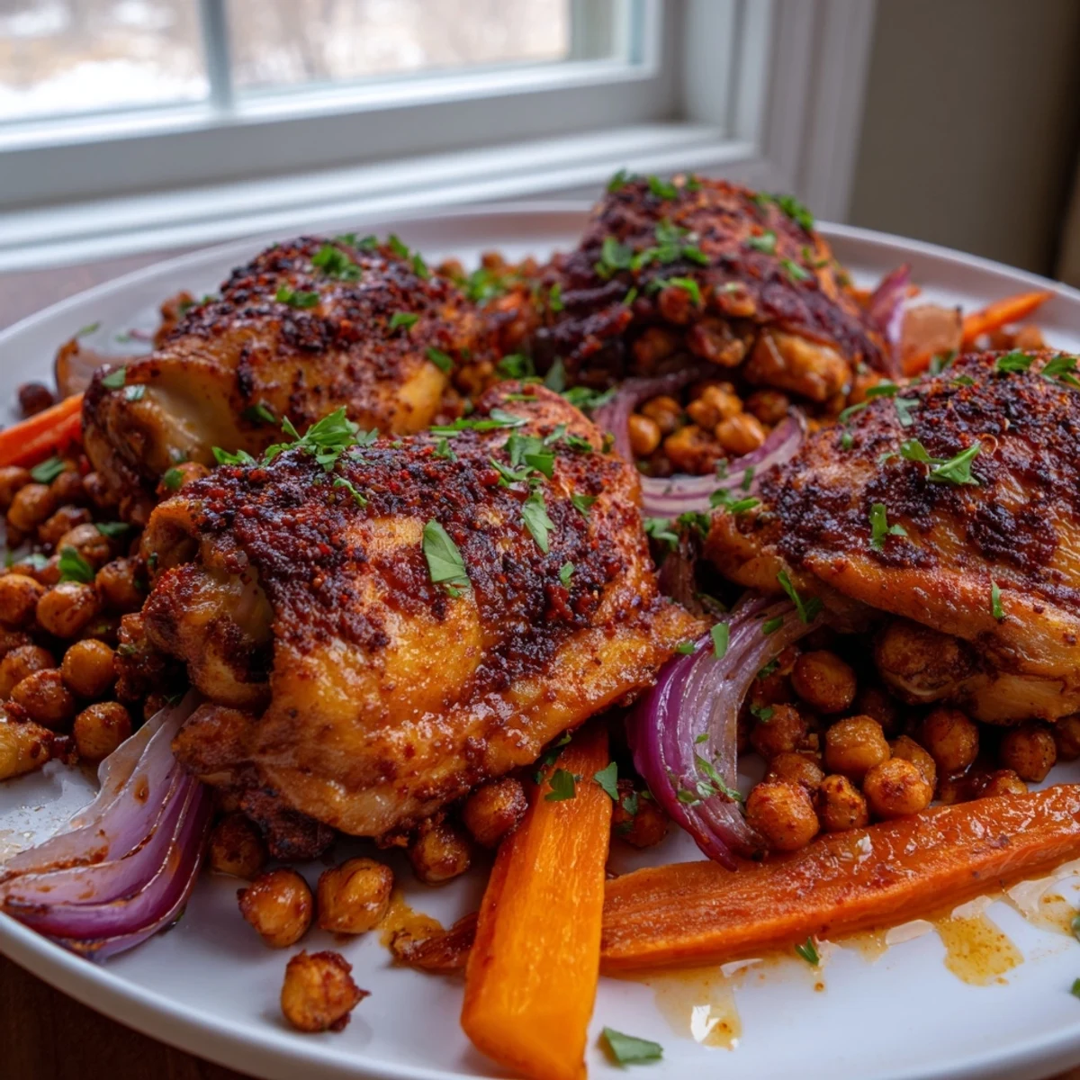 Golden sumac chicken with roasted carrots and chickpeas on a rustic baking sheet