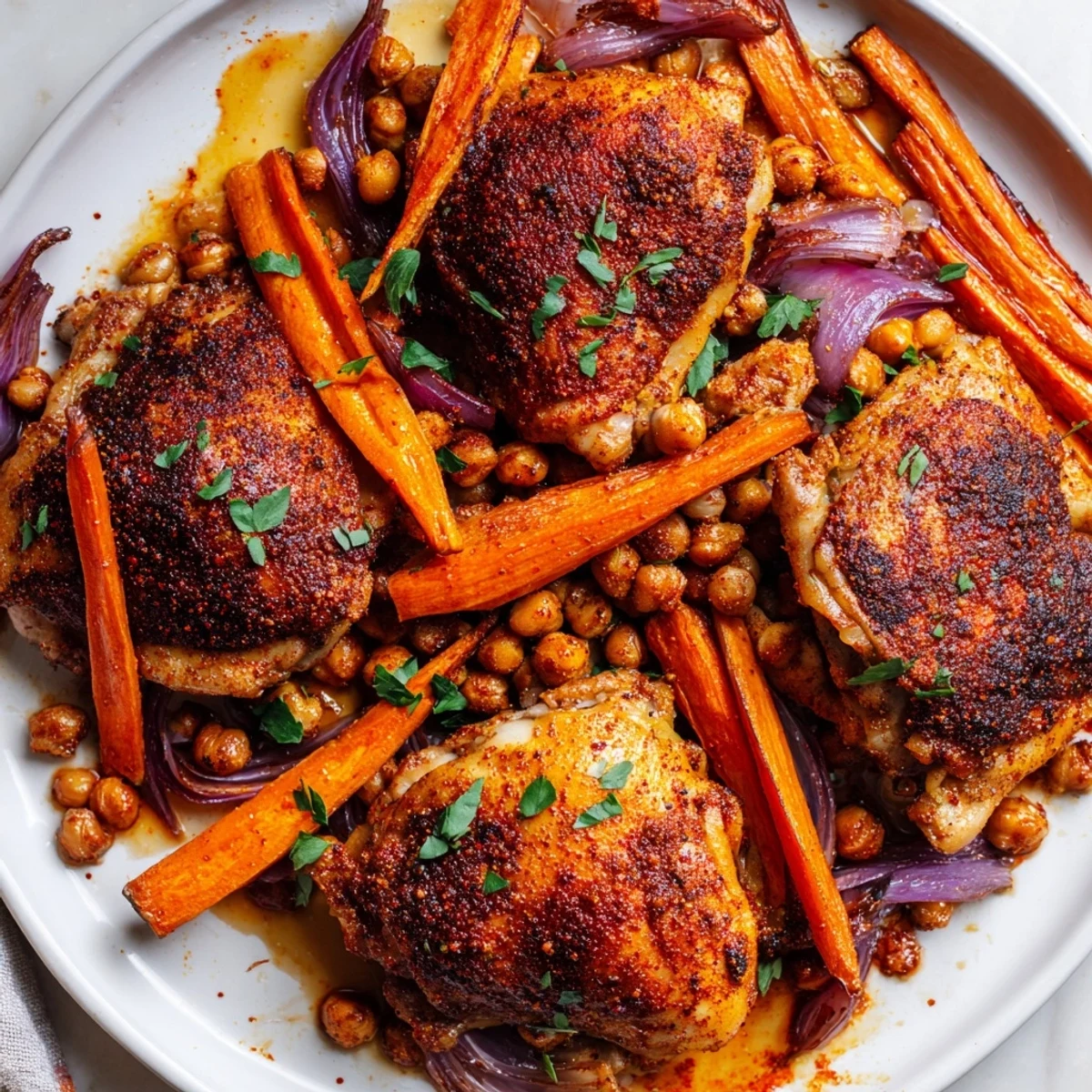 Juicy sumac chicken thighs nestled beside tender carrots and hearty chickpeas fresh from the oven