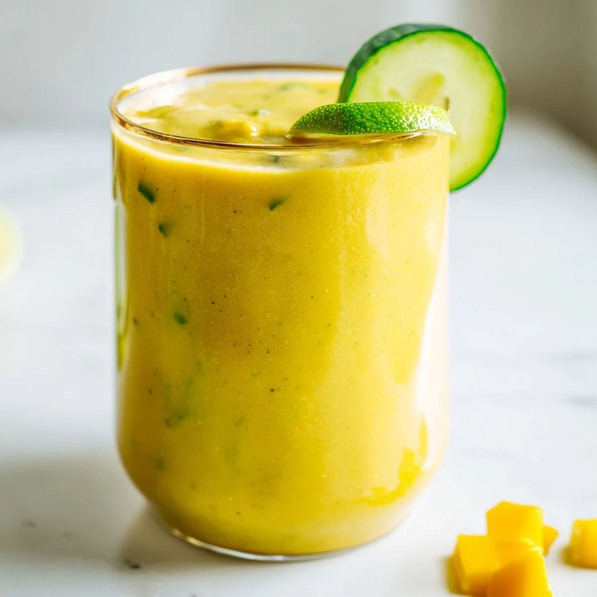 Tall glass of mango cucumber smoothie garnished with fresh mint leaves
