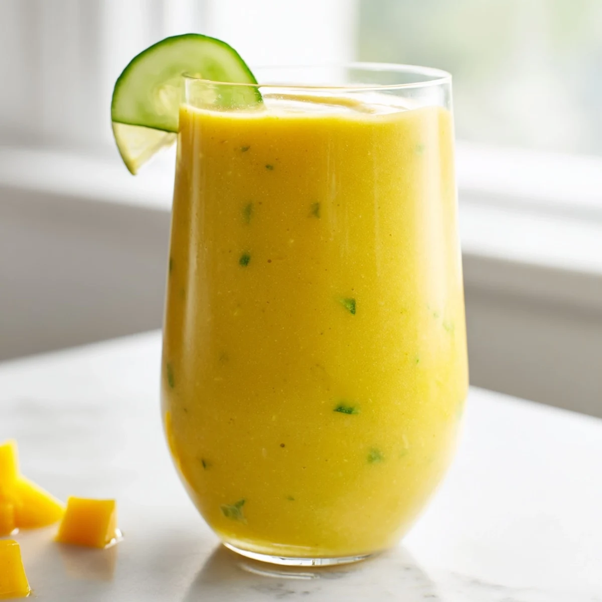 Bright yellow-green mango cucumber smoothie topped with diced mango chunks and served beside a spoon