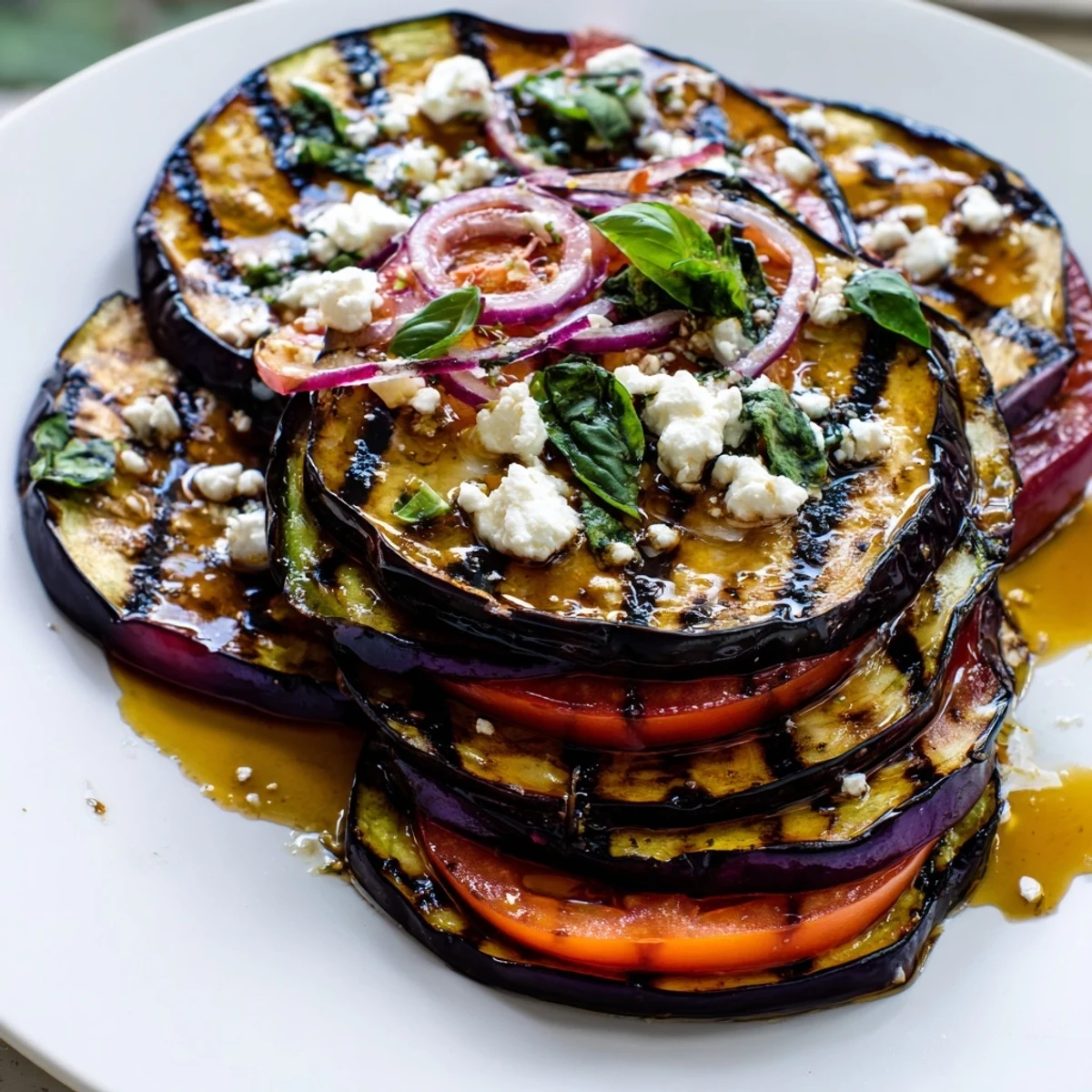 Smoky grilled tomato eggplant stacked on a platter with fresh basil and crumbled feta cheese