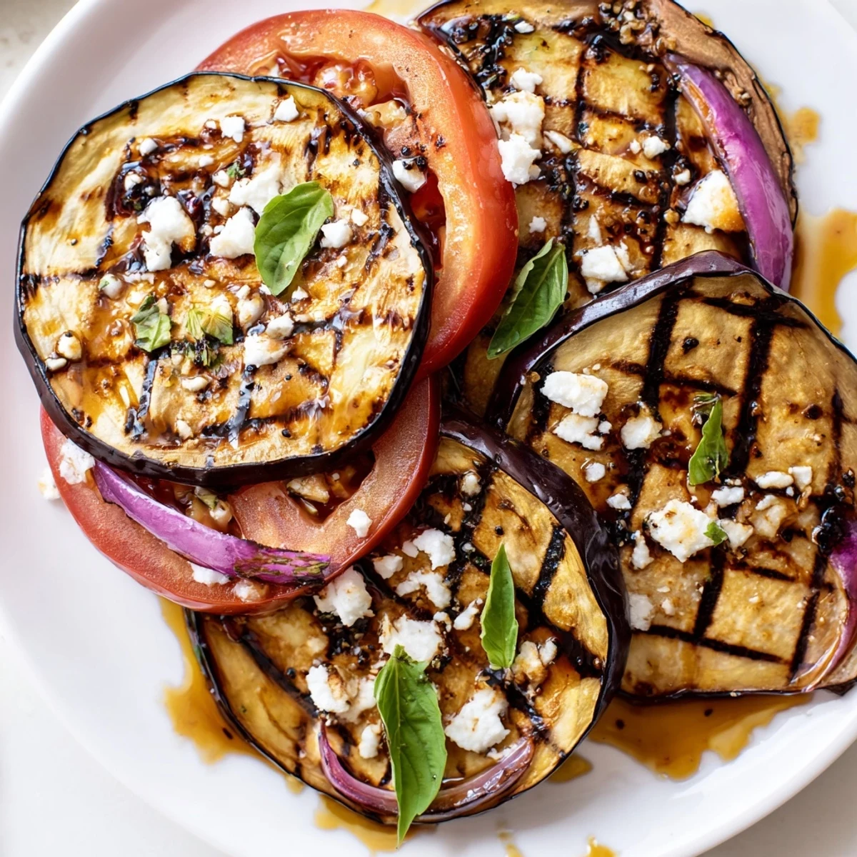 Golden grill-marked grilled tomato eggplant arranged with ripe tomatoes and garnished with torn basil leaves