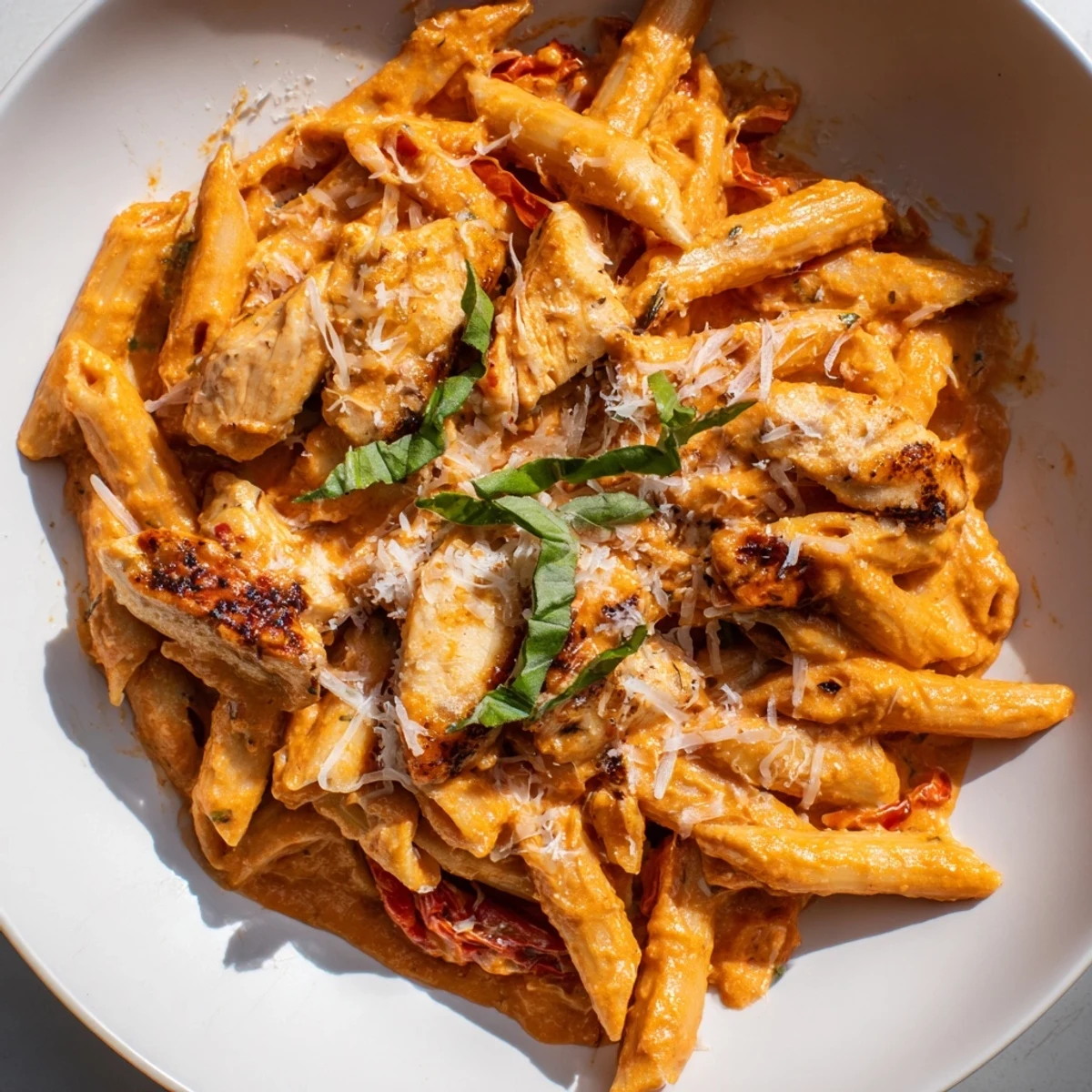 Creamy Sun Dried Tomato Marry Me Chicken Pasta topped with fresh basil and Parmesan