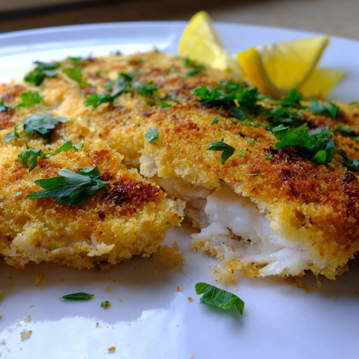 Golden pan fried tilapia fillets garnished with fresh parsley and lemon wedges on a white plate.