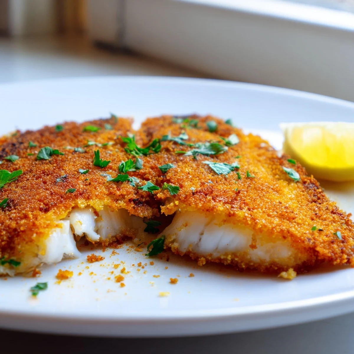 Crispy pan fried tilapia sizzling in a cast iron skillet with melted butter and herbs.