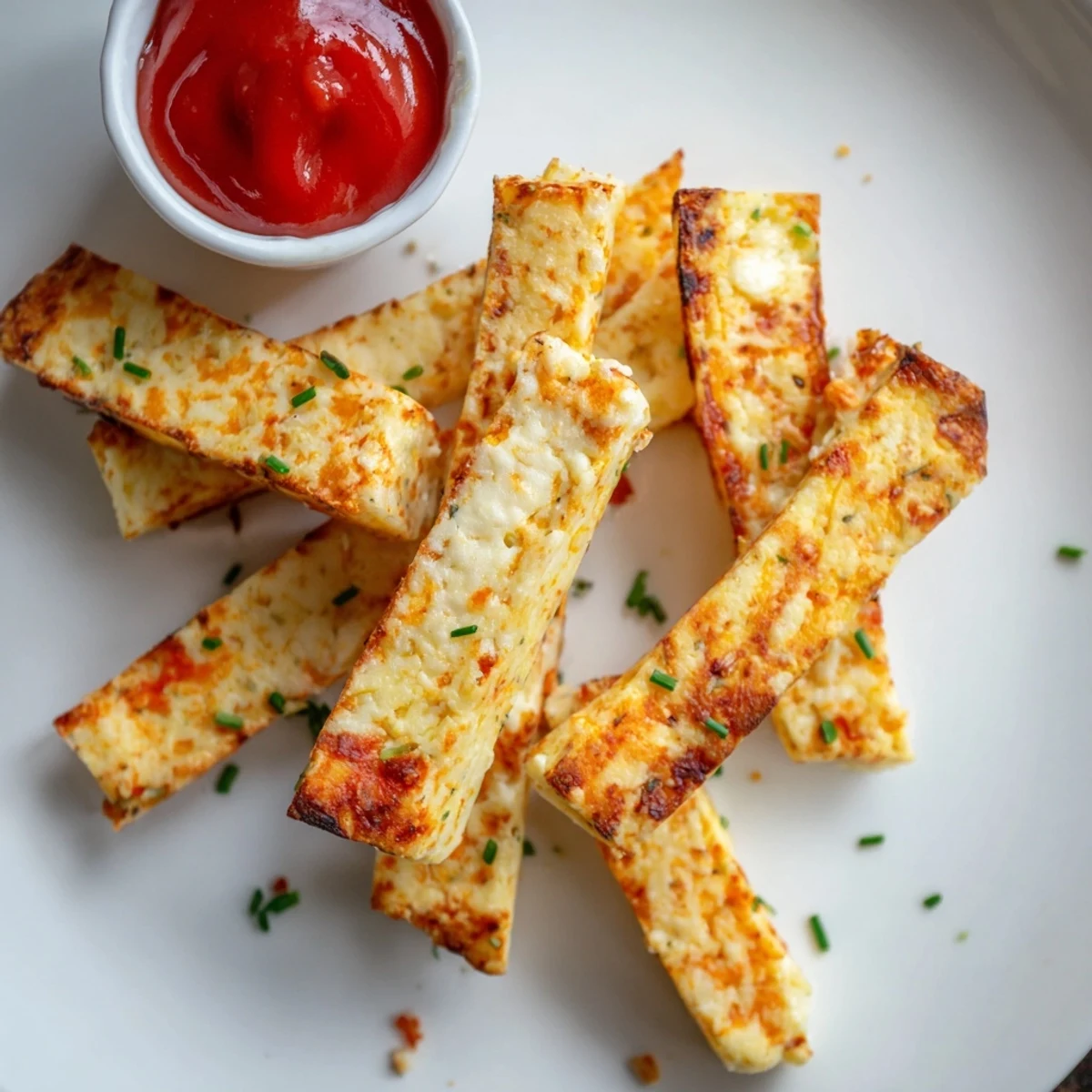 Golden baked cottage cheese fries with crispy edges served on parchment paper