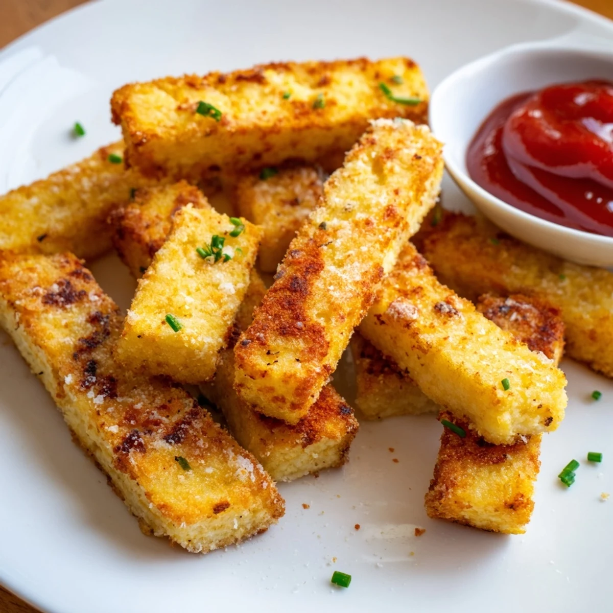 Crispy baked cottage cheese fries stacked beside a bowl of garlic aioli