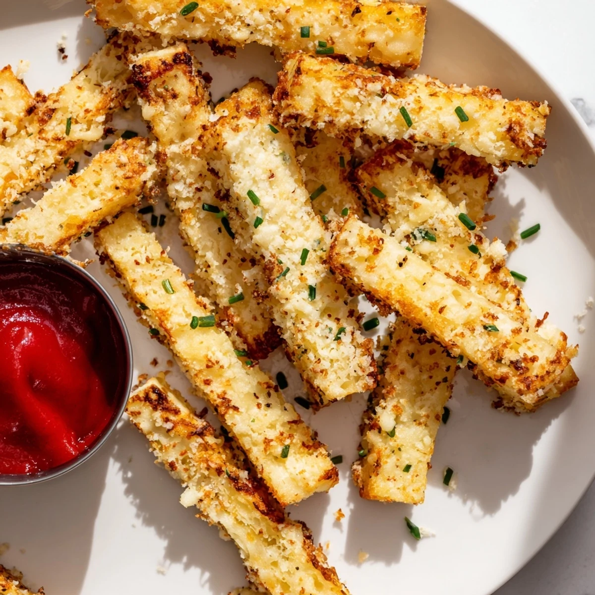 Steaming baked cottage cheese fries with Parmesan crust arranged on a white plate