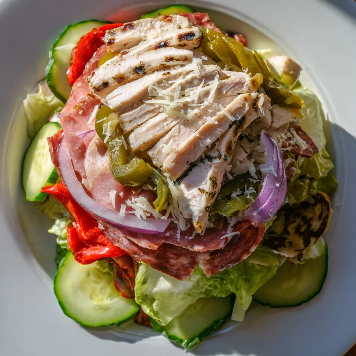 Close-up of Italian Grinder Chicken Salad featuring juicy chicken, deli meats, and fresh vegetables tossed in zesty dressing.