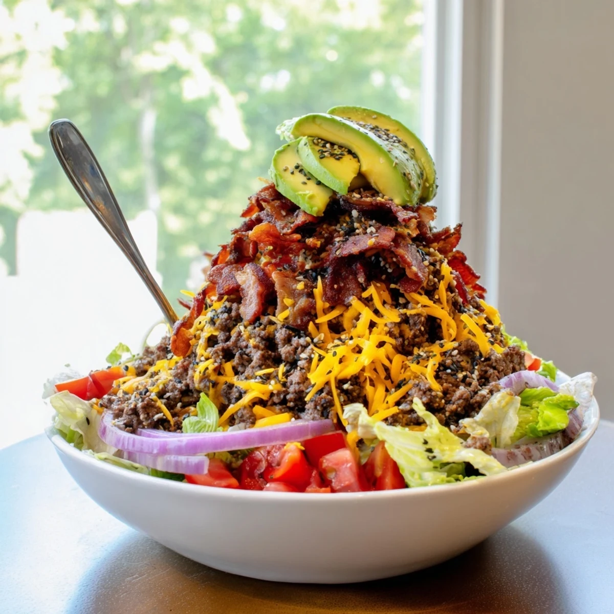 A savory burger bowl loaded with seasoned ground beef, fresh lettuce, and melted cheddar cheese