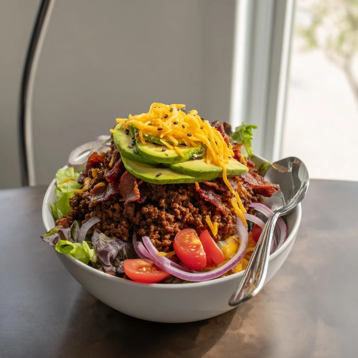 Deconstructed burger bowl featuring juicy beef, crisp veggies, and tangy special sauce drizzled on top