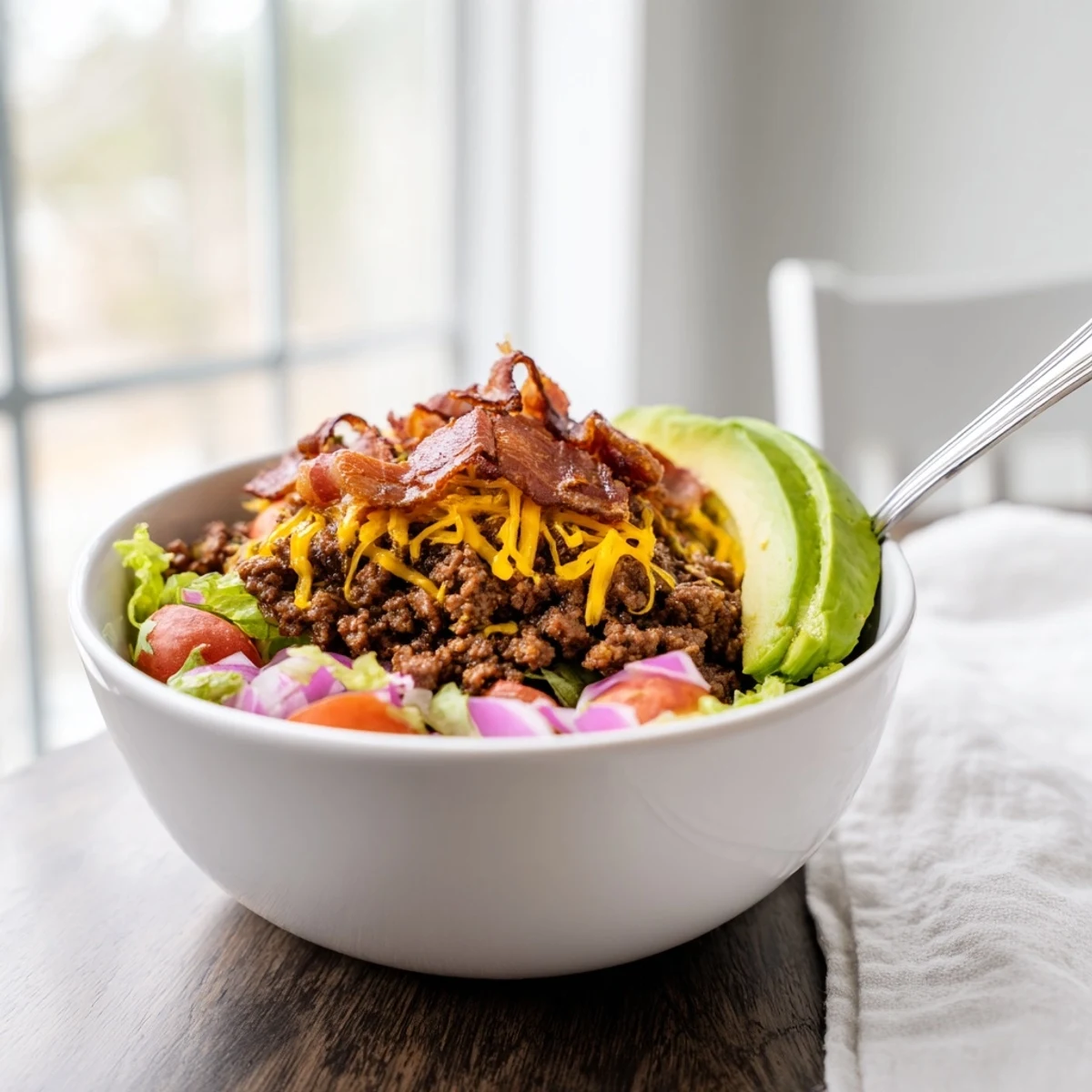 Hearty low-carb burger bowl with pickles, tomatoes, and creamy dressing for an easy dinner