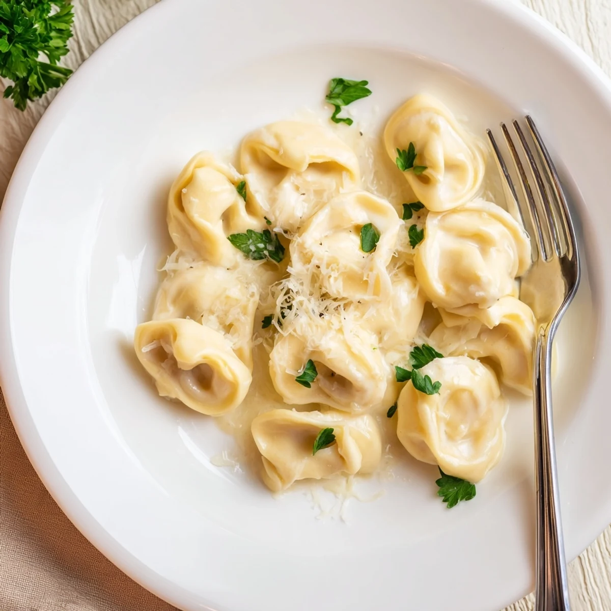 Close up of handmade chicken tortellini tossed with butter and shredded parmesan cheese.
