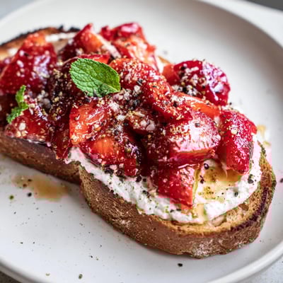 Creamy whipped ricotta and syrupy roasted strawberries adorn crisp sourdough toast for an easy vegetarian breakfast or snack.