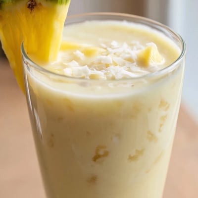 Creamy Pineapple Coconut Smoothie poured into a mason jar, with shredded coconut sprinkled on top.