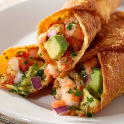A close-up shows Crispy Shrimp Avocado Taquitos topped with sour cream and cilantro, ideal for a festive appetizer plate.