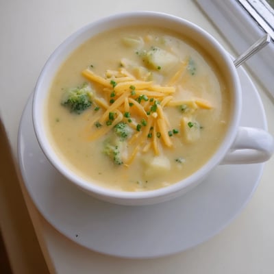 Creamy Cheesy Broccoli Potato Soup served warm beside crusty bread for a comforting lunch.